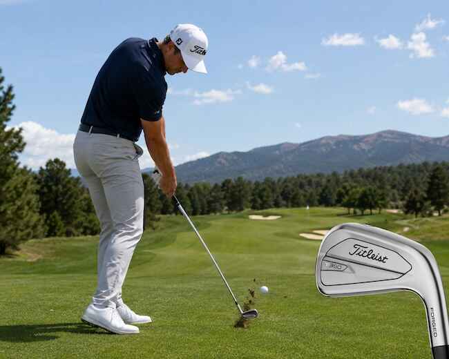 Golfer Hitting A Titleist T350 Iron On The Golf Course Golfer Hitting A Titleist T350 Iron On The Golf Course